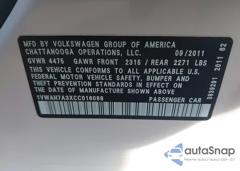 2012 Volkswagen Passat 2.5L S from USA, damaged, VIN 1VWAH7A3XCC016088